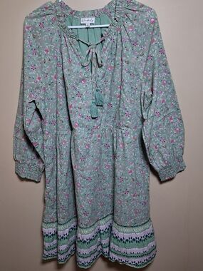Wonderly Women's Green & Pink Floral Tie Neck Dress; Size L; Boho, Peasant